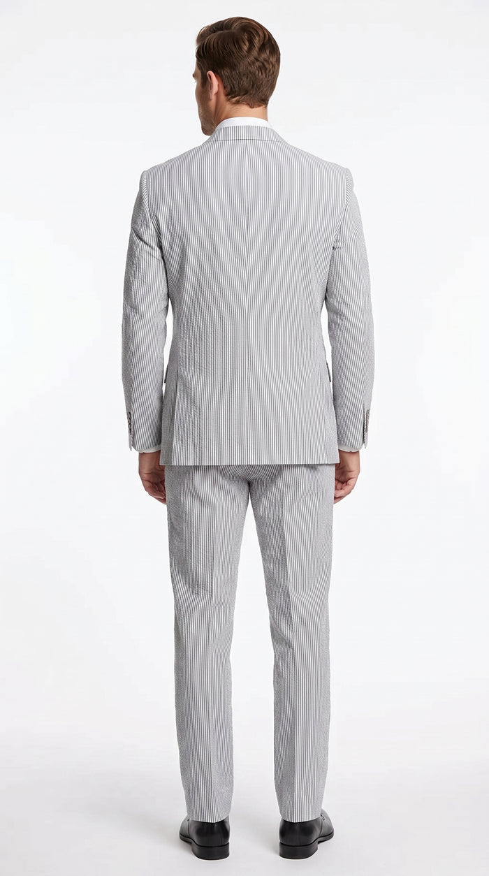 Men’s Black Pinstripe 2 Piece Seersucker Suit, Summer Modern Fit Dress Suit