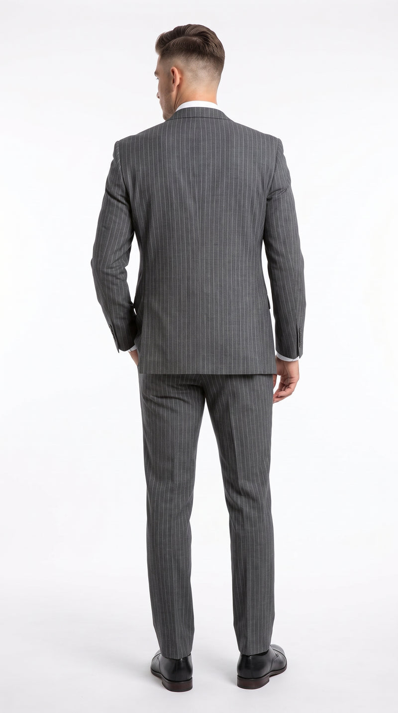 Men’s Charcoal Grey Pinstripe 3-Piece Wool Suit – 2 Button Modern Fit Vested Business & Wedding Suit