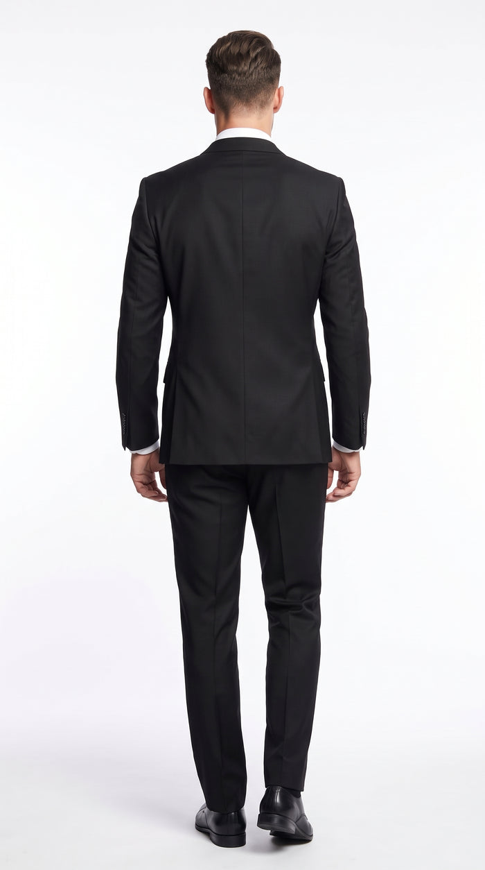 Men’s Black Wool Double Breasted Suit – Modern Fit 6 Button Formal Wedding & Business Suit with Black or Gold Buttons