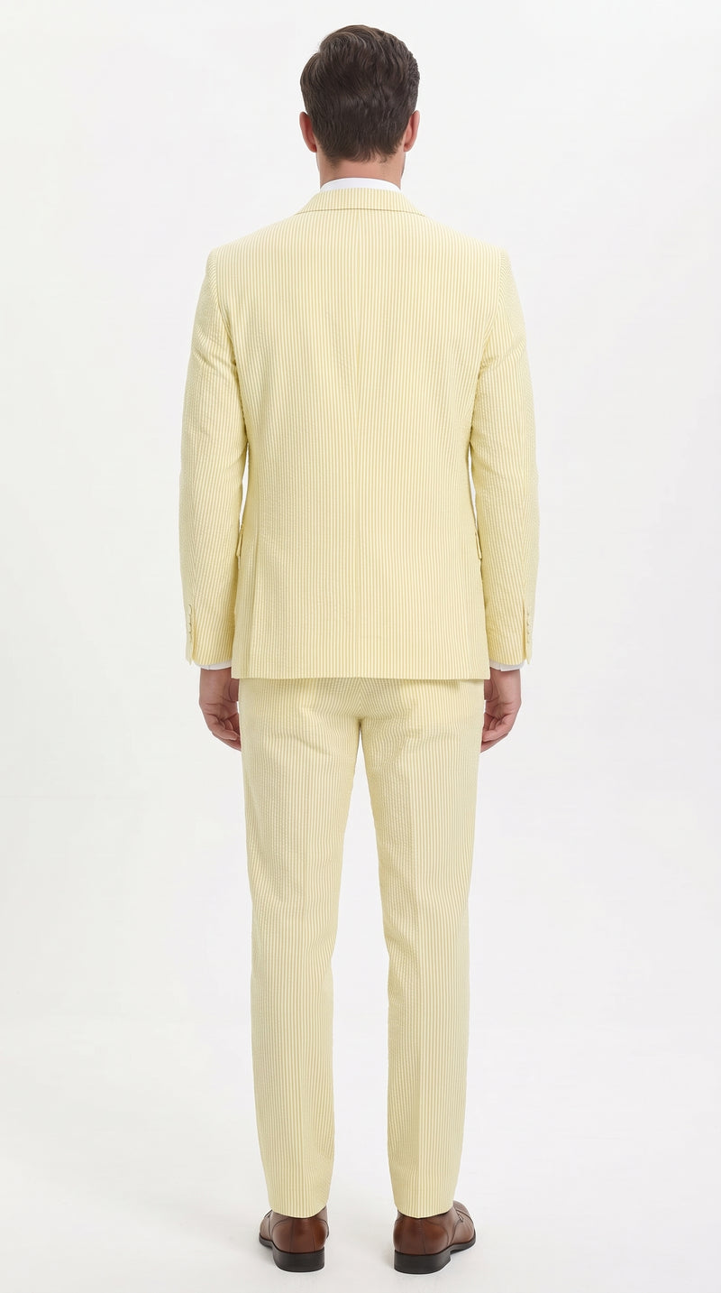 Men’s Yellow Pinstripe Seersucker Suit – 3-Piece Summer Wedding Suit with Jacket, Vest & Pants