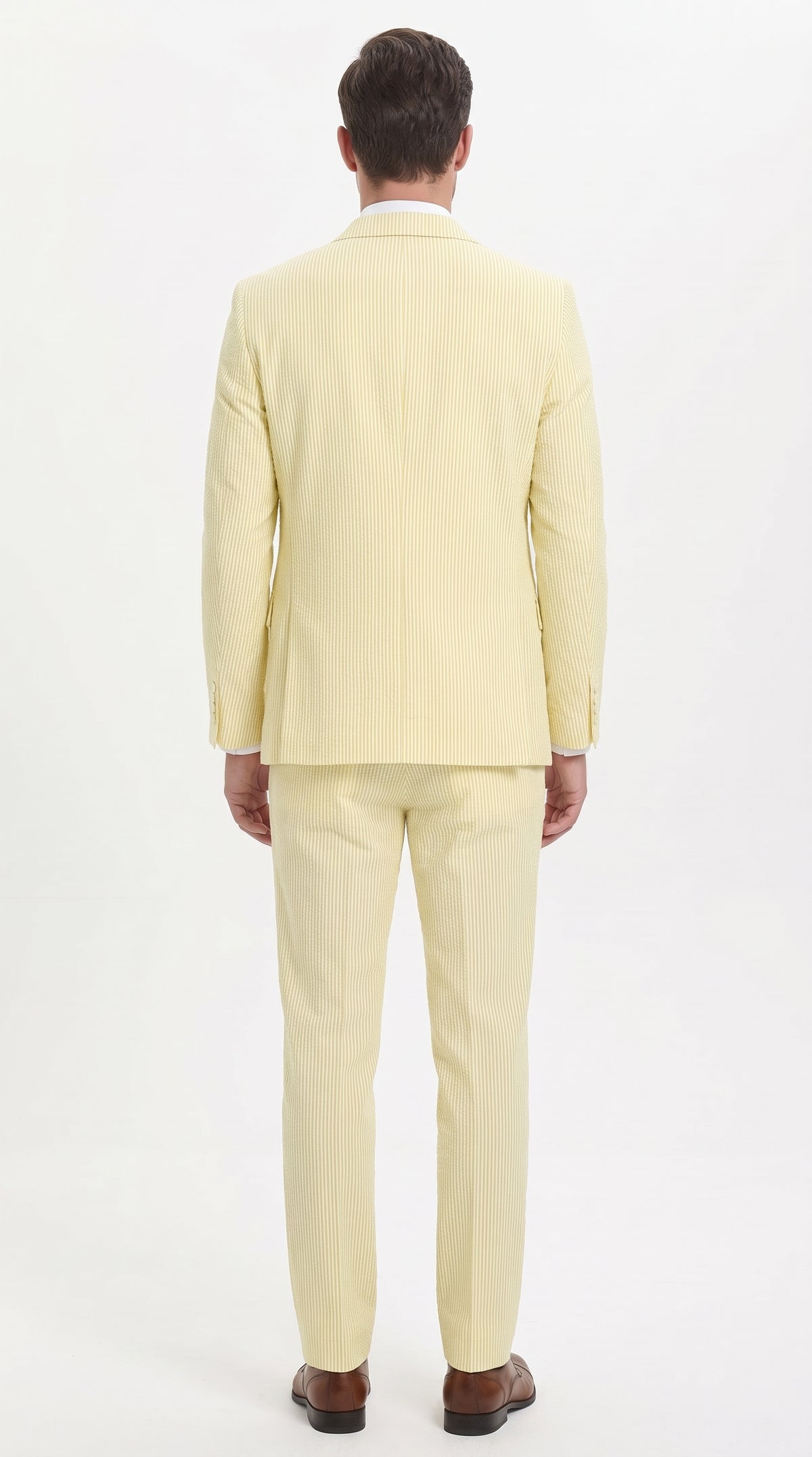 Men’s Yellow Pinstripe Seersucker Suit – 3-Piece Summer Wedding Suit with Jacket, Vest & Pants