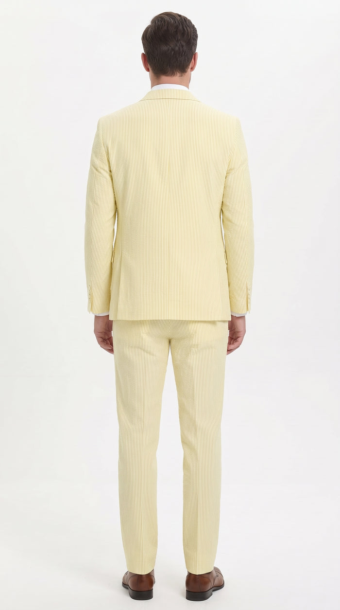 Men’s Yellow Pinstripe Seersucker Suit – 3-Piece Summer Wedding Suit with Jacket, Vest & Pants