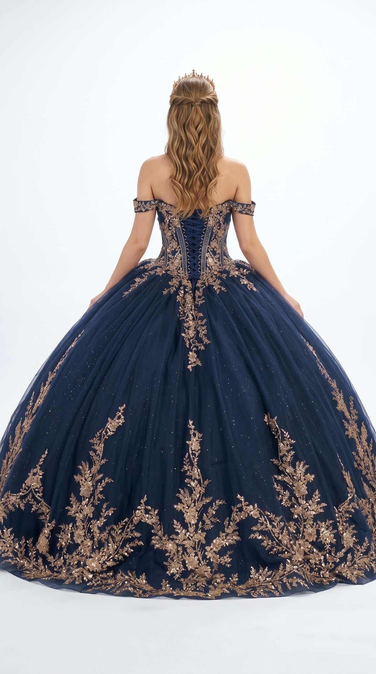 Navy/Gold Off-Shoulder V-Neck Satin Corset Lace Appliqué Ball Gown with Bow by Elizabeth K GL3674