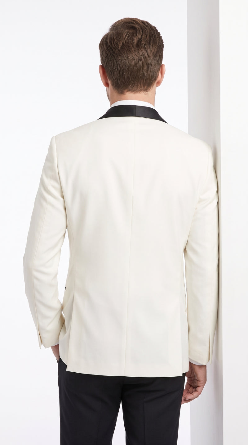 Men’s Designer Ivory and Black Satin Shawl Dinner Jacket, Formal Tuxedo Evening Jacket