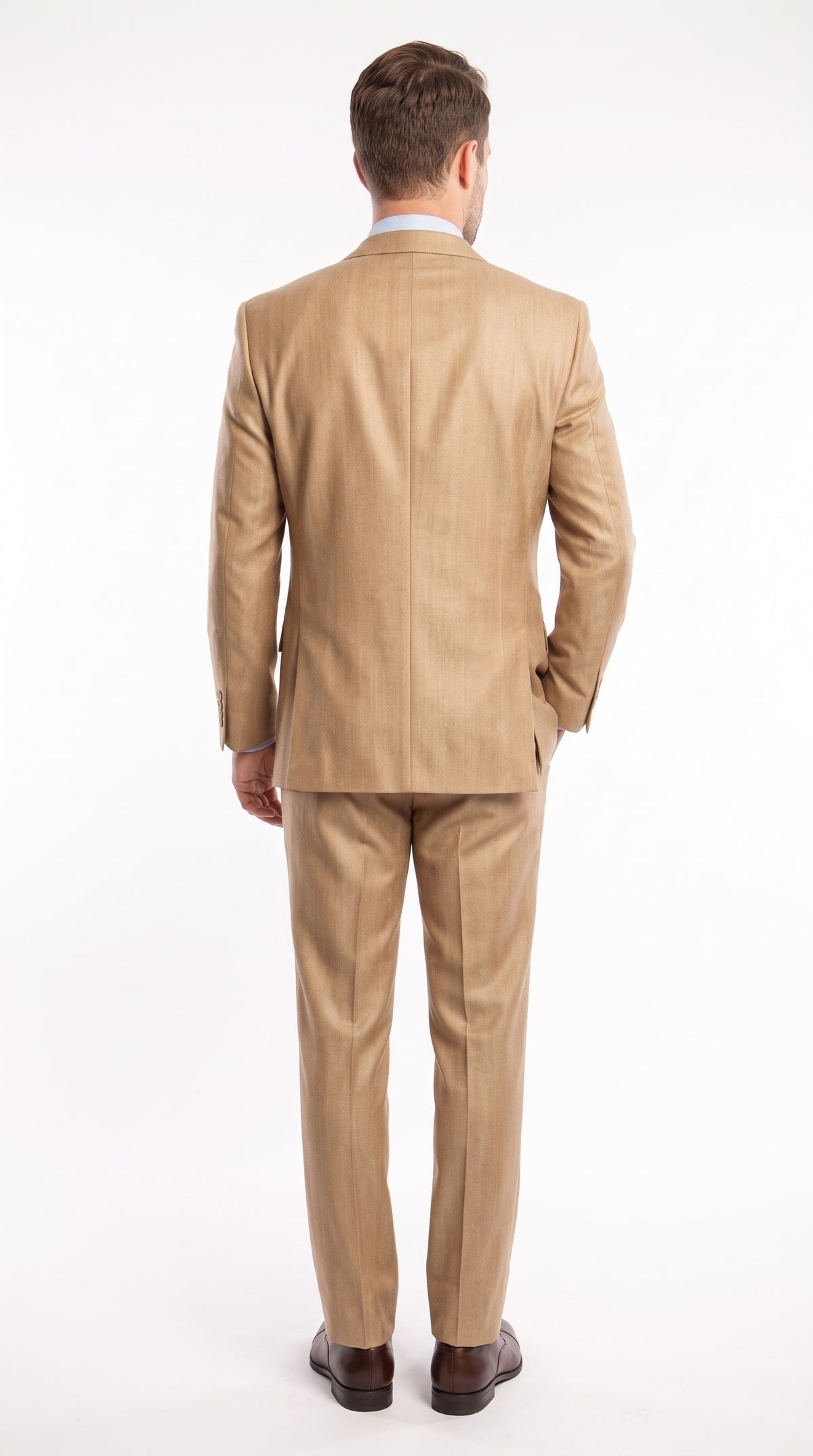 Men’s Camel Wheat Sharkskin 3 Piece Business Suit, Two Button Vested Formal Wedding Suit