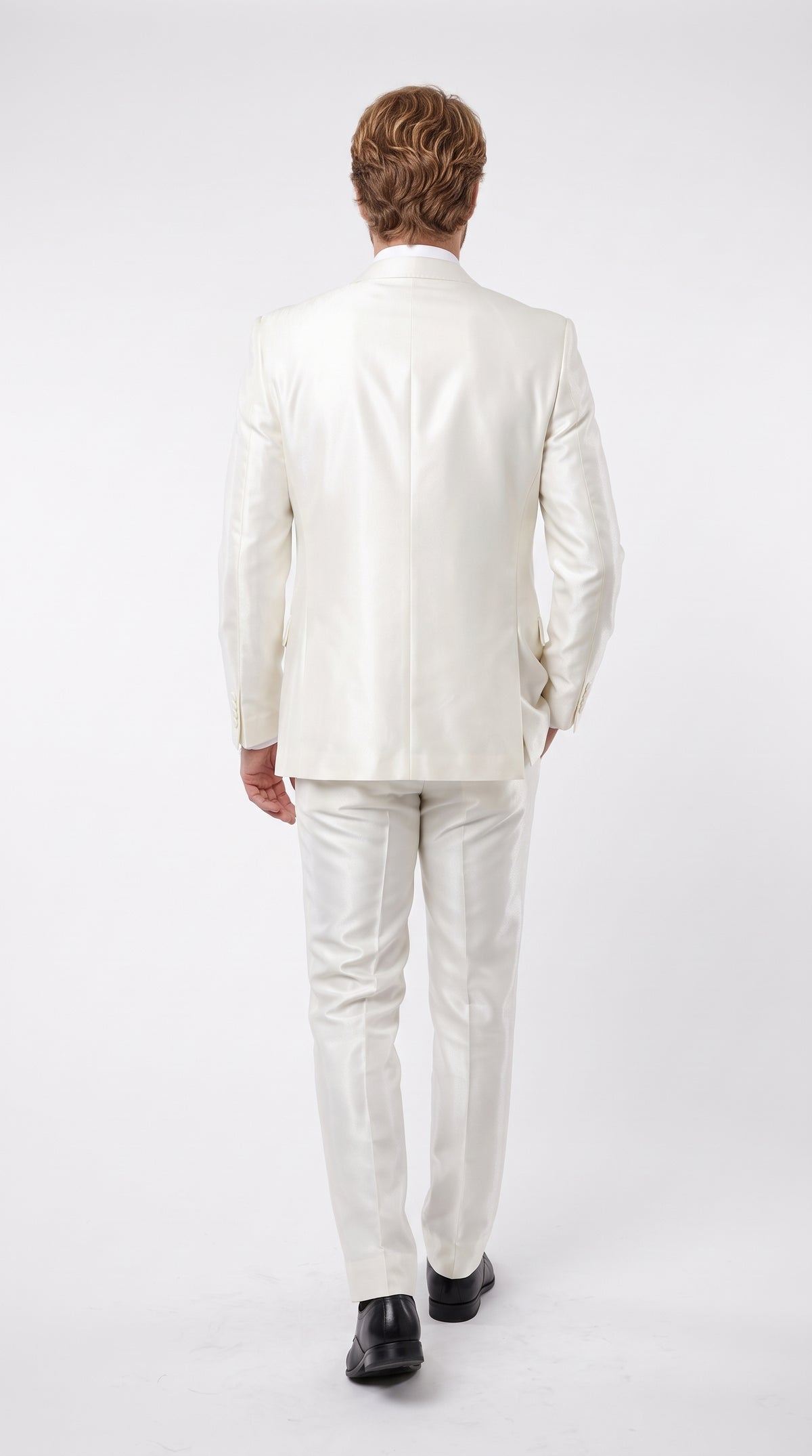 Tazio Men’s White Shiny Sharkskin 3 Piece Suit, Modern Fit Vested Formal Wedding Prom Suit