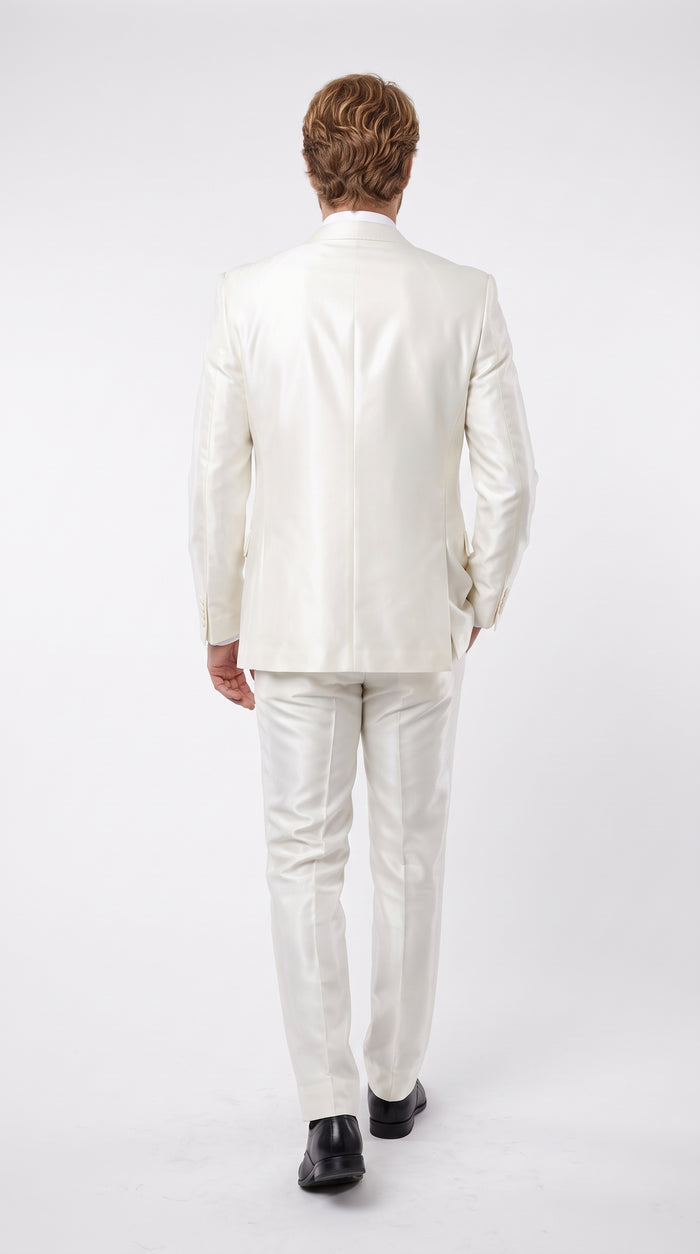 Tazio Men’s White Shiny Sharkskin 3 Piece Suit, Modern Fit Vested Formal Wedding Prom Suit