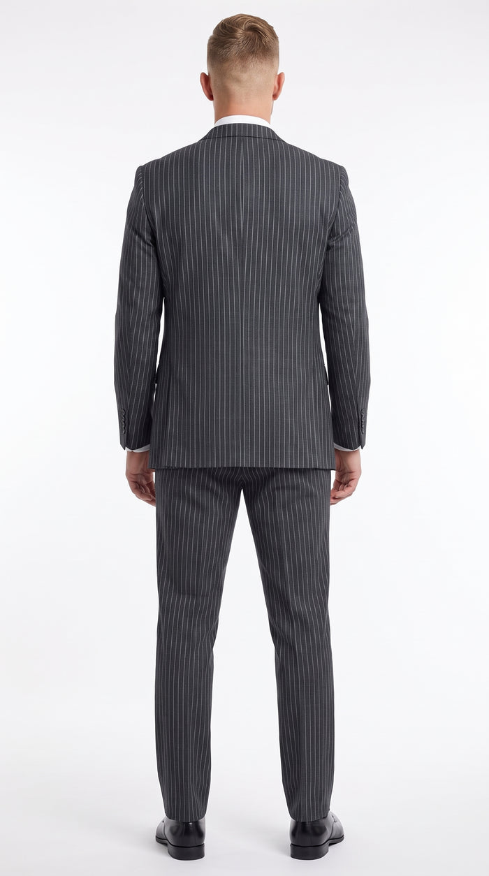 Men's Charcoal Grey Bold Pinstripe 3-Piece Gangster Suit – 2 Button Vested 1920s Vintage Classic Formal Suit