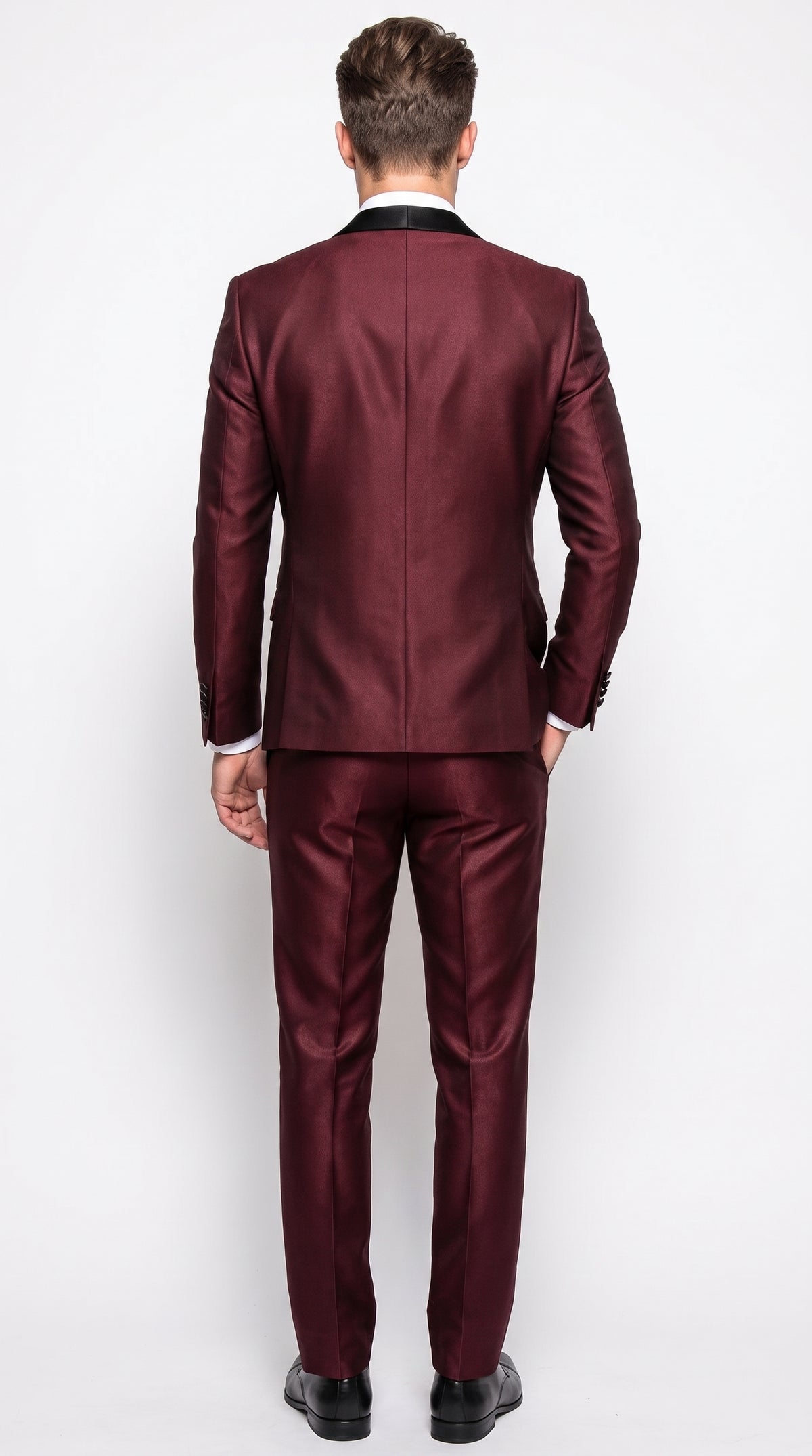 Men's Burgundy Sharkskin 3-Piece Tuxedo Suit – One Button Black Satin Shawl Lapel Vested Wedding & Prom Tuxedo