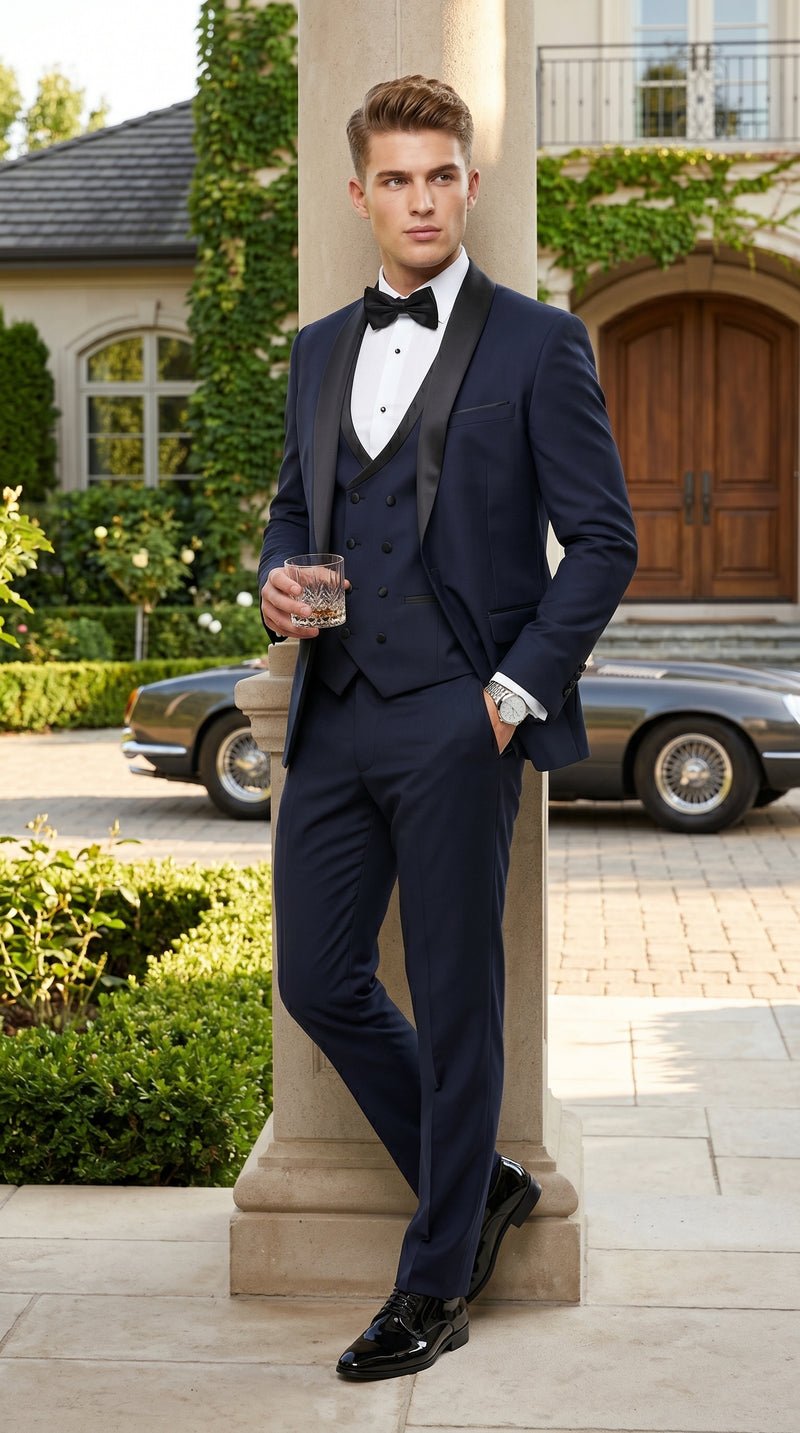 Men’s Navy 100% Wool Vested Tuxedo, Shawl Lapel Wedding Prom Formal Suit Set