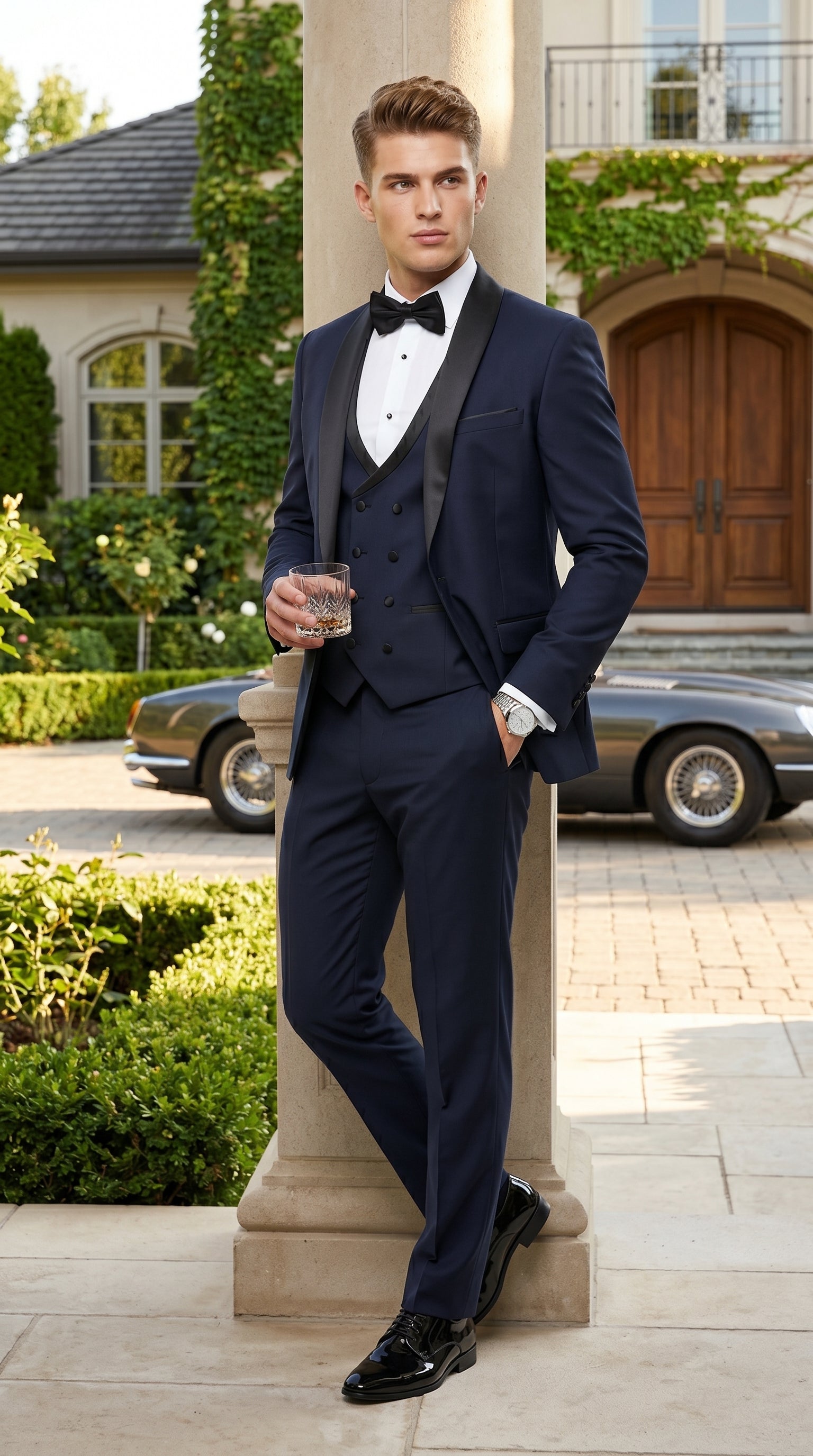 Men’s Navy 100% Wool Vested Tuxedo, Shawl Lapel Wedding Prom Formal Suit Set
