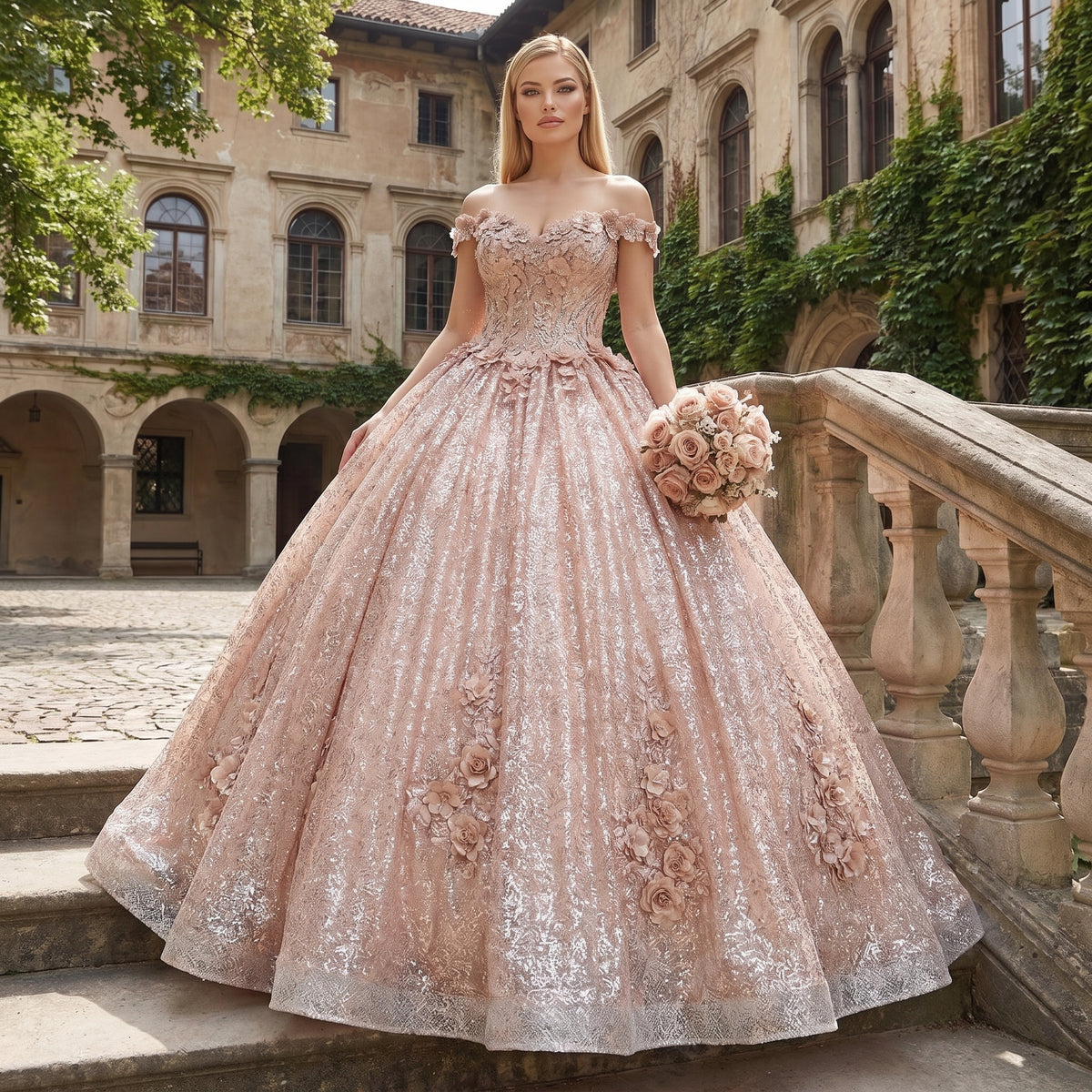 Champagne Off-Shoulder Quinceañera Ball Gown with 3D Floral Appliqués & Detachable Train – Sweet 15 Princess Dress