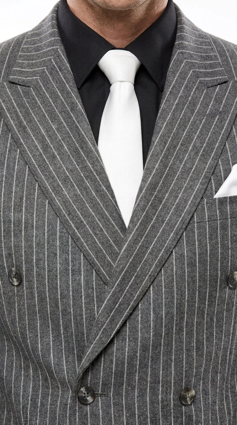 Men’s Charcoal Grey Pinstripe Double Breasted Suit, Gomez Addams Inspired Formal Costume Suit
