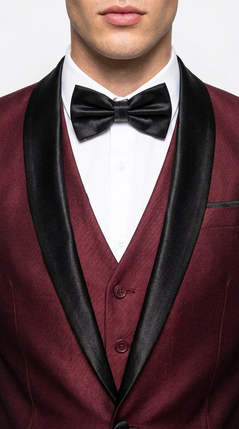 Men's Burgundy Sharkskin 3-Piece Tuxedo Suit – One Button Black Satin Shawl Lapel Vested Wedding & Prom Tuxedo