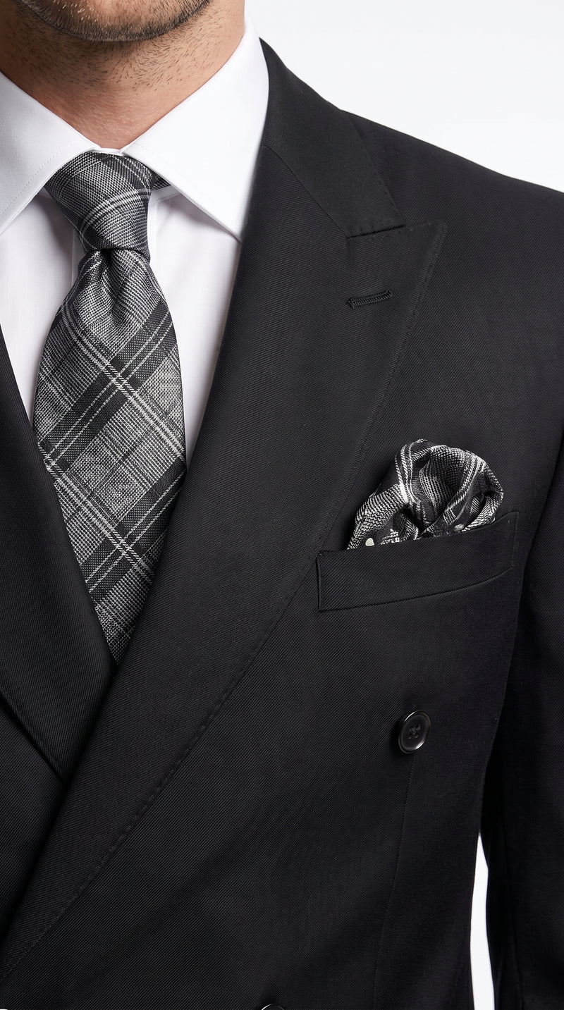 Men’s Black Wool Double Breasted Suit – Modern Fit 6 Button Formal Wedding & Business Suit with Black or Gold Buttons