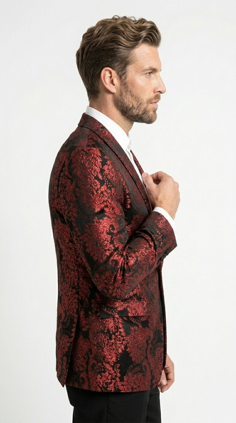 Men’s Red and Black Retro Paris Floral Suit, Designer Formal Wedding Prom Party Blazer Set