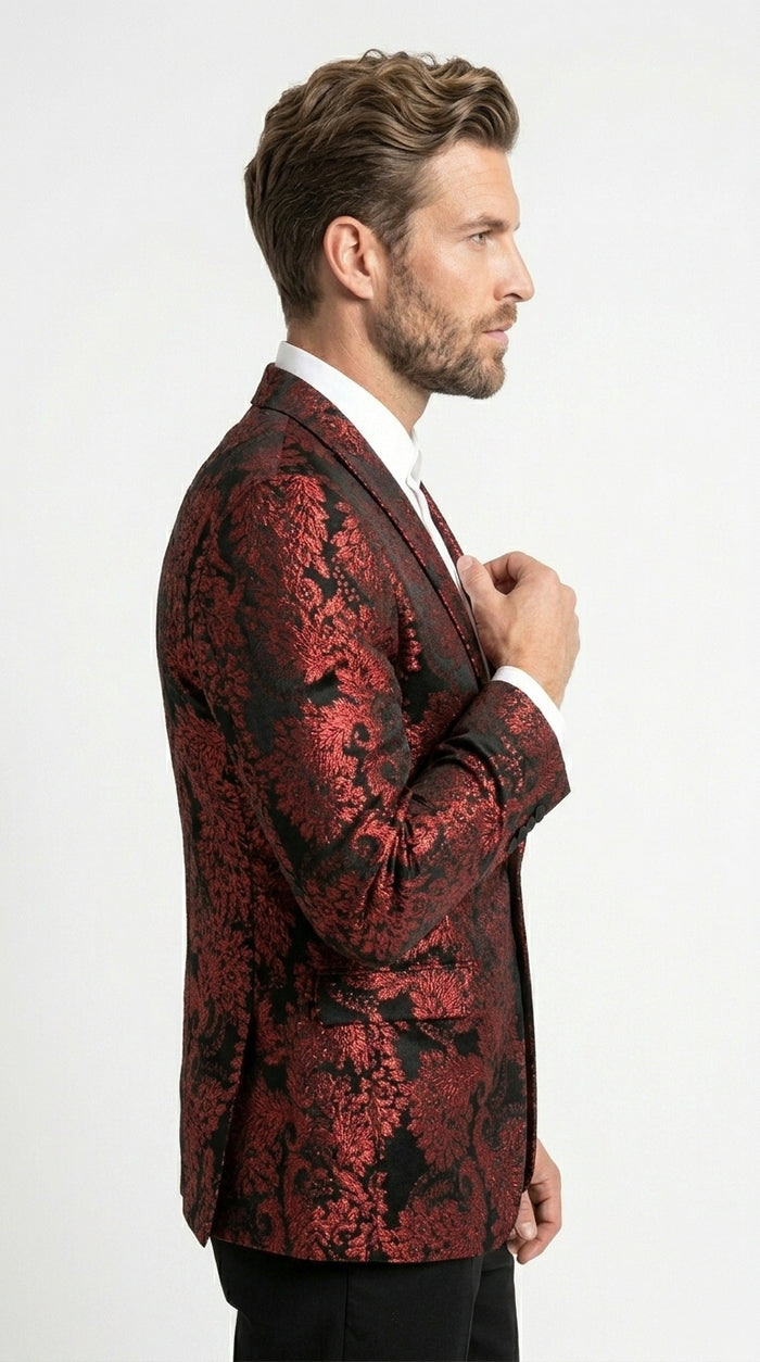 Men’s Red and Black Retro Paris Floral Suit, Designer Formal Wedding Prom Party Blazer Set