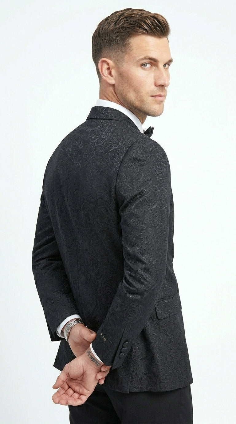 Men’s Black Floral Patterned Tuxedo Jacket, Formal Wedding Prom Dinner Blazer with Shawl Lapel