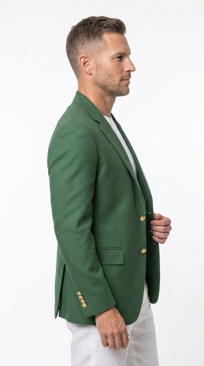 Men’s Green Blazer with Gold Buttons, Four Button Sleeve Dress Casual Sport Coat