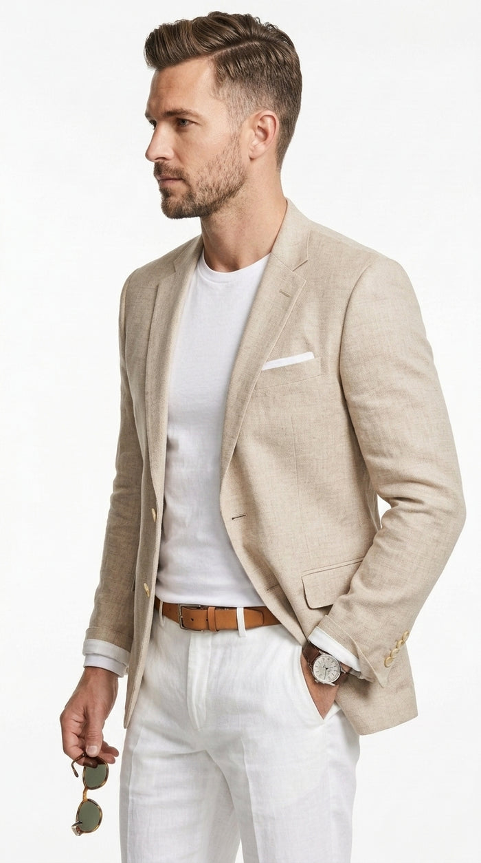 Men’s Sand Linen Cotton 2 Button Sport Coat, Long Sleeve Dress Casual Blazer