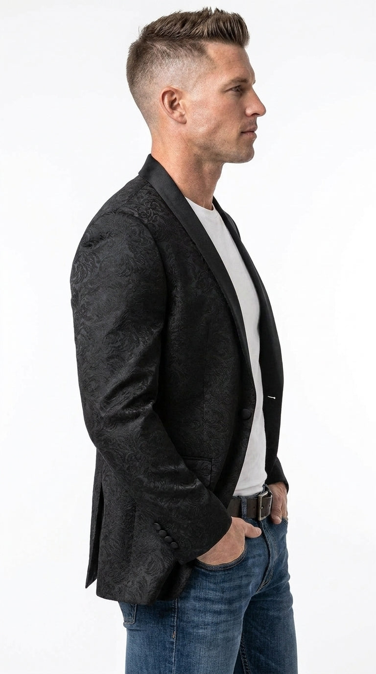 Men’s Black Paisley Jacquard Western Blazer with Satin Shawl Lapel, Formal Designer Sport Coat