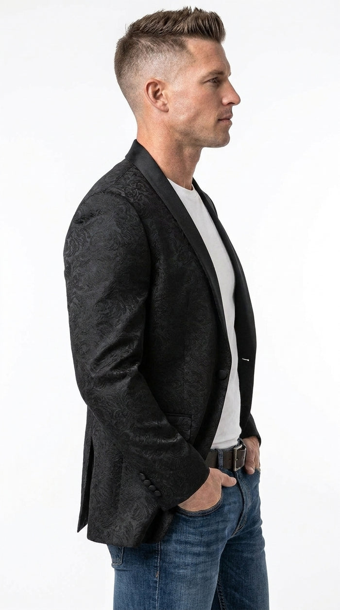 Men’s Black Paisley Jacquard Western Blazer with Satin Shawl Lapel, Formal Designer Sport Coat