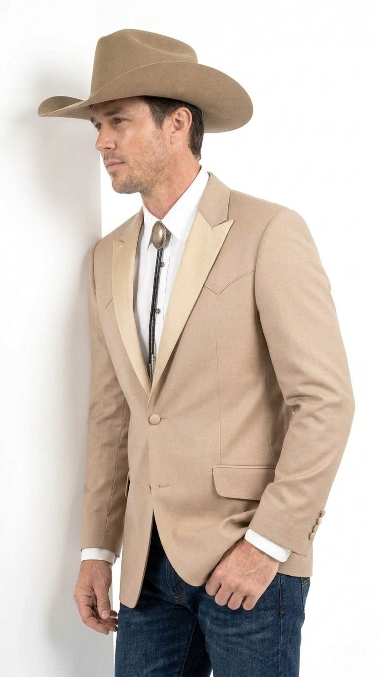Men’s Western Tan Tuxedo Dinner Jacket, Light Khaki Beige Cowboy Formal Blazer