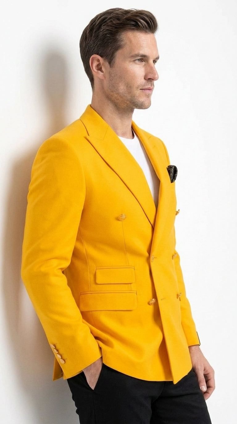 Men’s Gold Double Breasted Blazer, Bright Yellow Formal Sport Coat for Wedding and Party Events