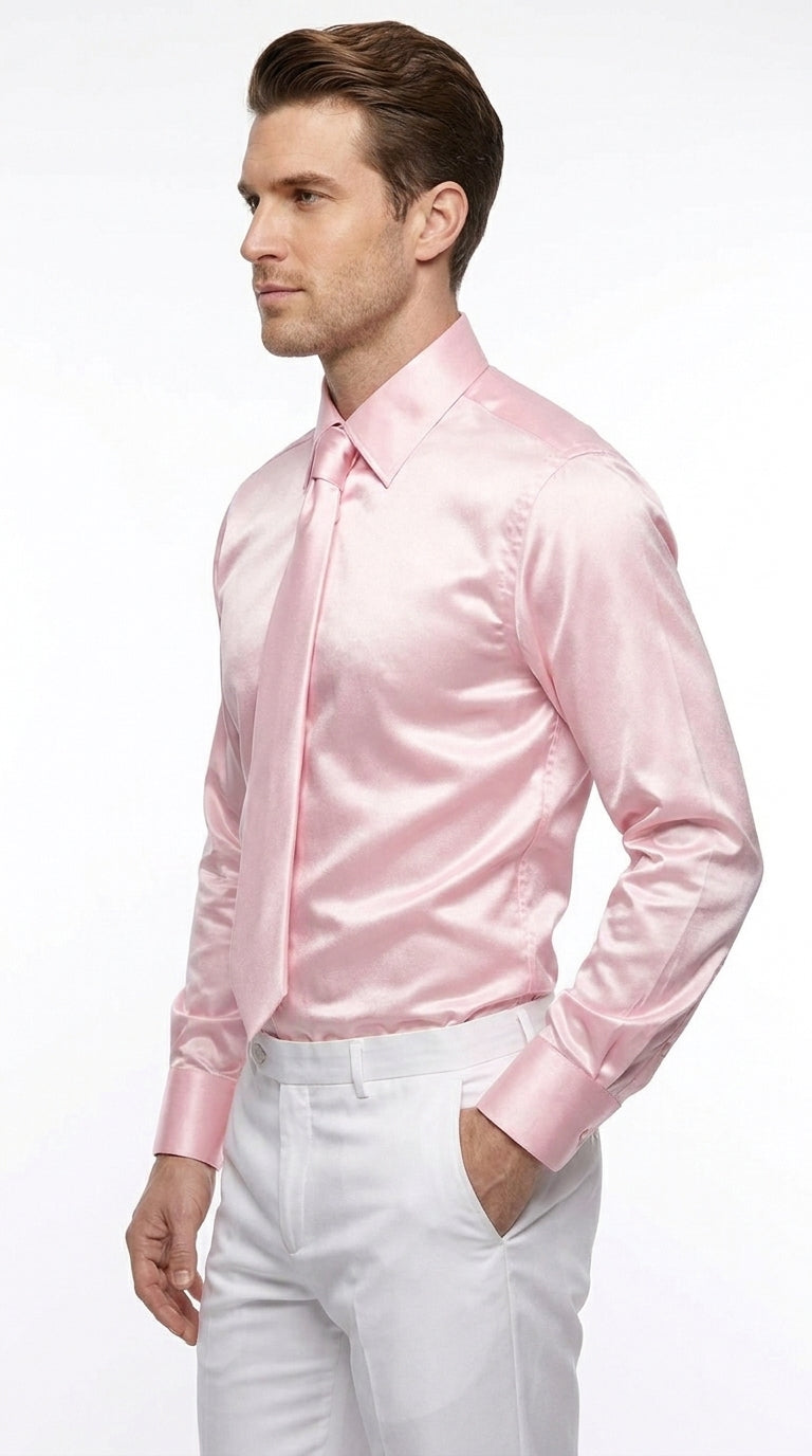 Men’s Shiny Satin Dress Shirt Set with Tie and Handkerchief, Multi-Color Formal Shirt