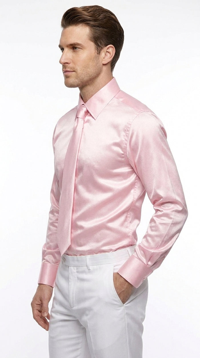 Men’s Shiny Satin Dress Shirt Set with Tie and Handkerchief, Multi-Color Formal Shirt