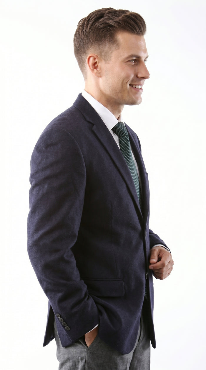 Men’s Navy 2 Button Blazer, Superior 150s Wool Feel Microfiber Formal Business Jacket