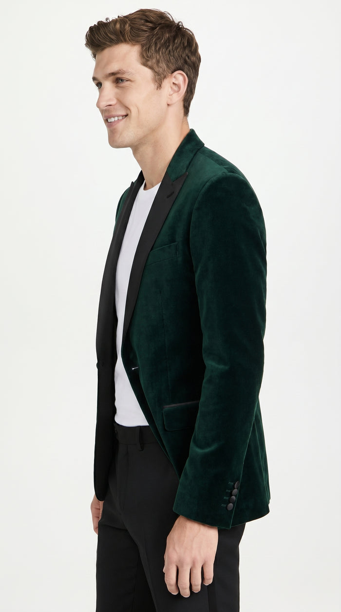 Men’s Olive Hunter Green Velvet Tuxedo Jacket with Black Satin Lapel, Formal Dinner Blazer