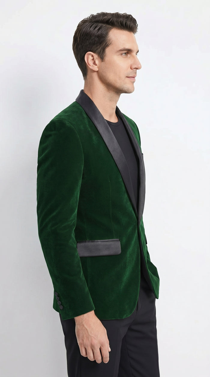 Men’s Emerald Green Velvet Blazer with Black Satin Shawl Lapel, Formal Dinner Jacket