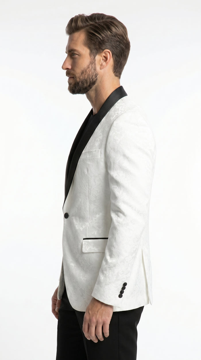 Men’s White Two Tone Paisley Blazer with Black Shawl Lapel, Formal Dinner Jacket