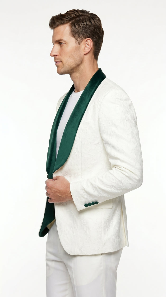Men’s Ivory and Green Tuxedo Jacket with Velvet Shawl Lapel, Formal Wedding Dinner Blazer