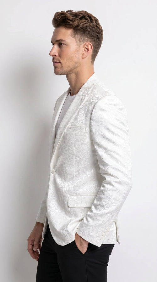 Men’s White Paisley Blazer, Formal Dinner Jacket for Wedding Prom and Special Events