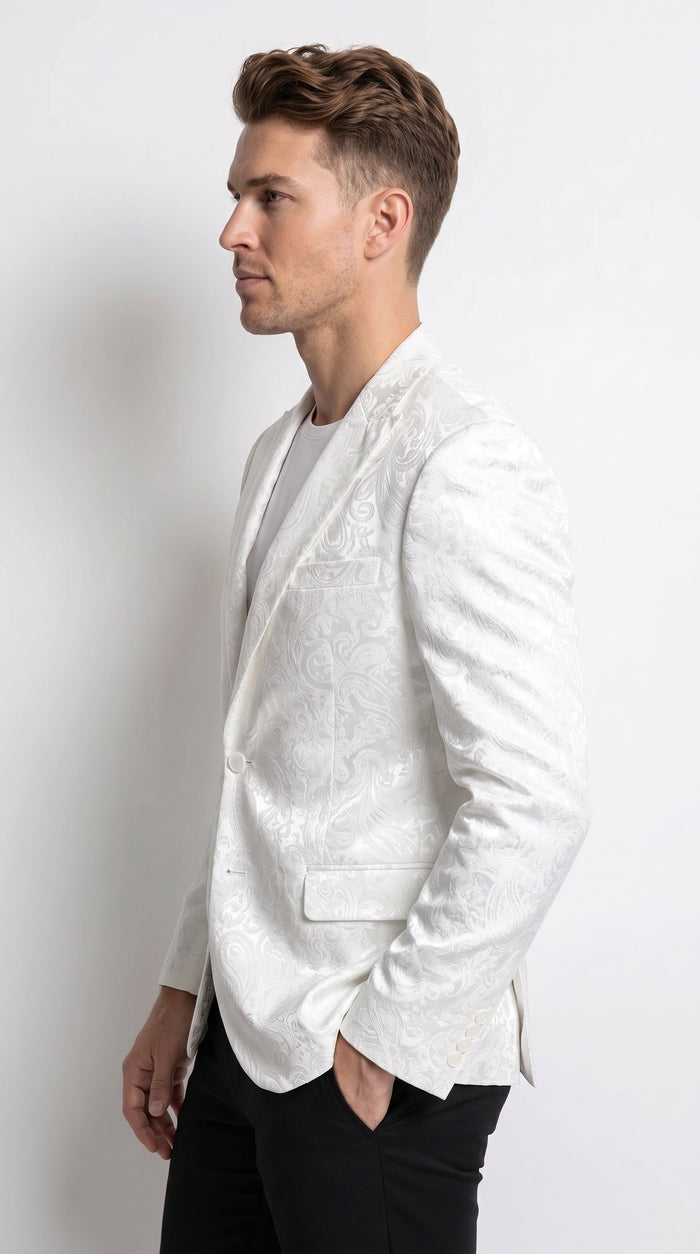 Men’s White Paisley Blazer, Formal Dinner Jacket for Wedding Prom and Special Events