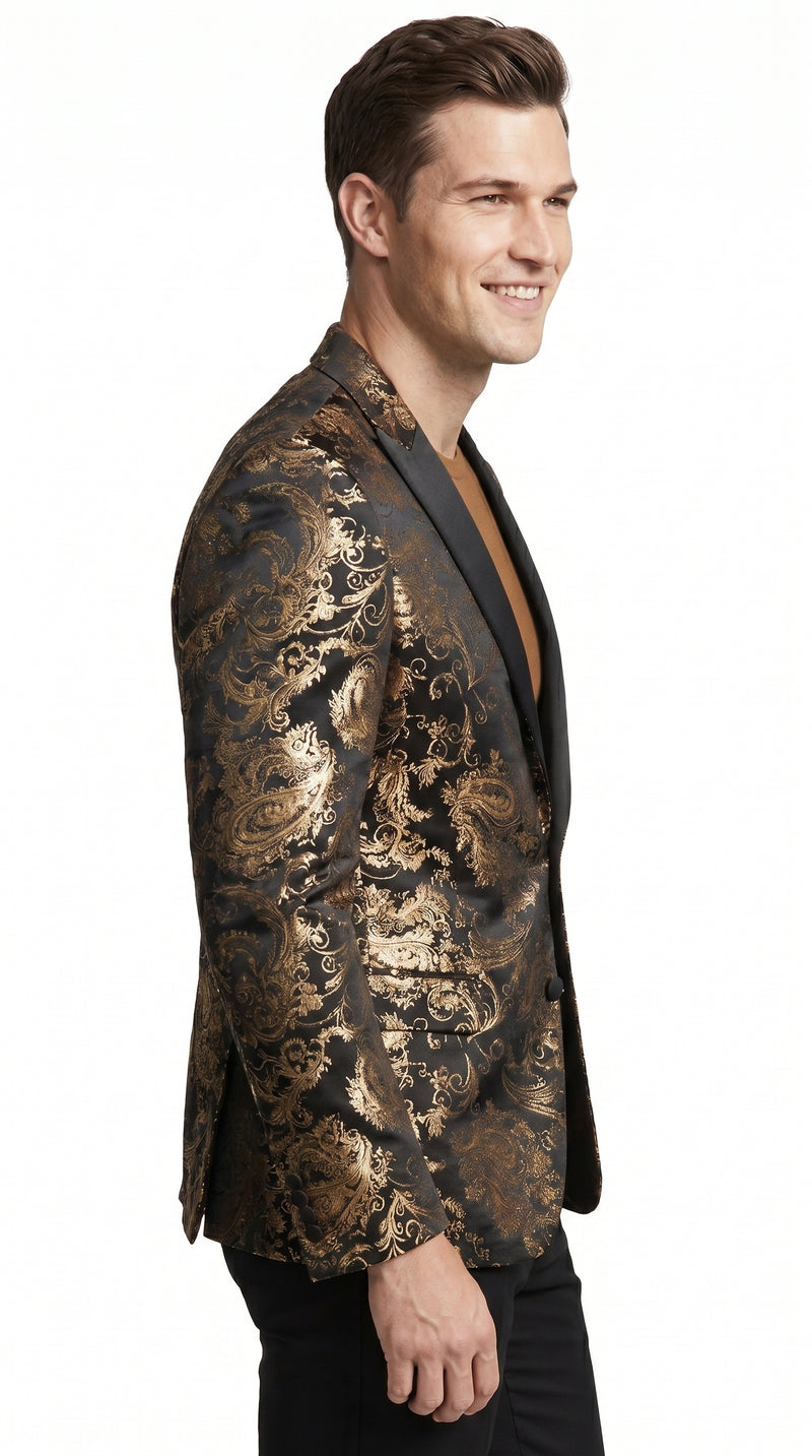 VINCI Men’s Gold and Black Paisley Tuxedo Dinner Jacket – Formal Prom, Wedding and Party Blazer