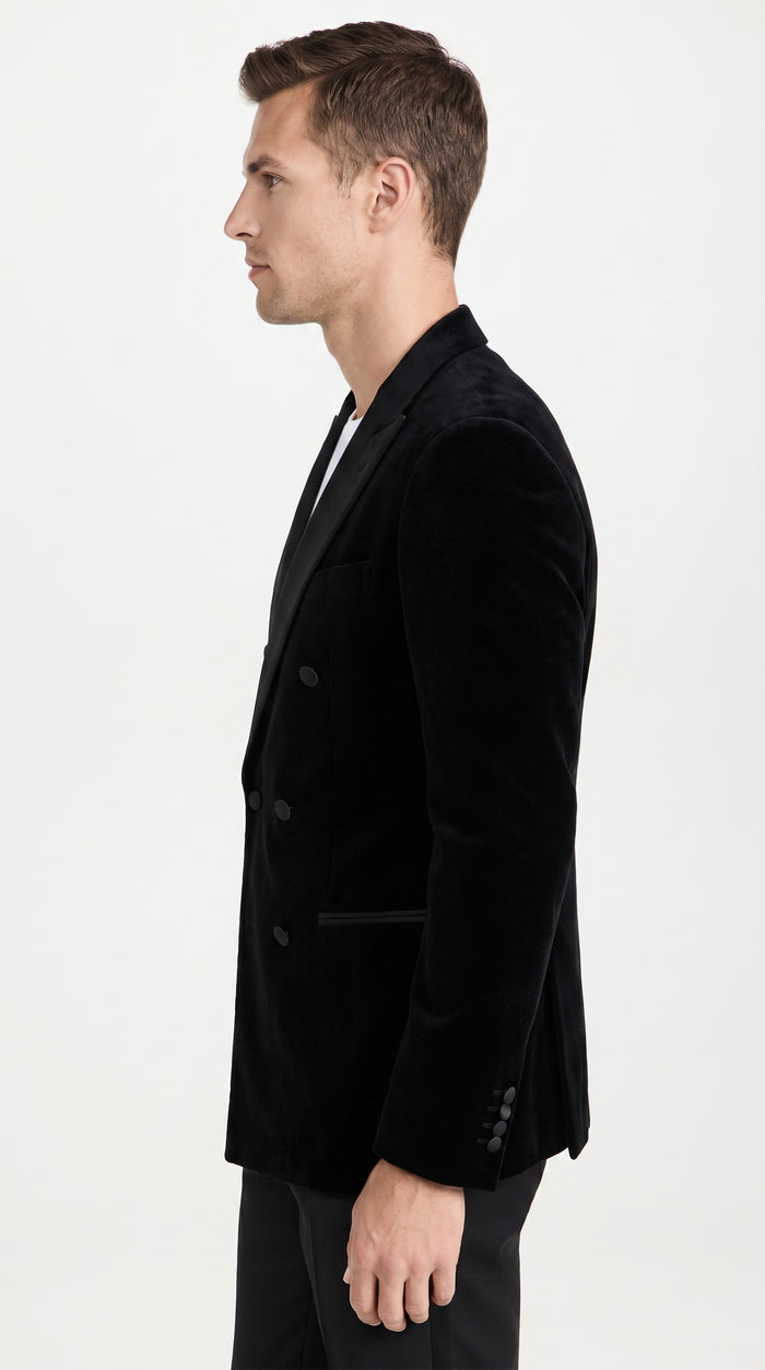 Men’s Black Velvet Double Breasted Blazer with Satin Peak Lapel, Formal Tuxedo Dinner Jacket