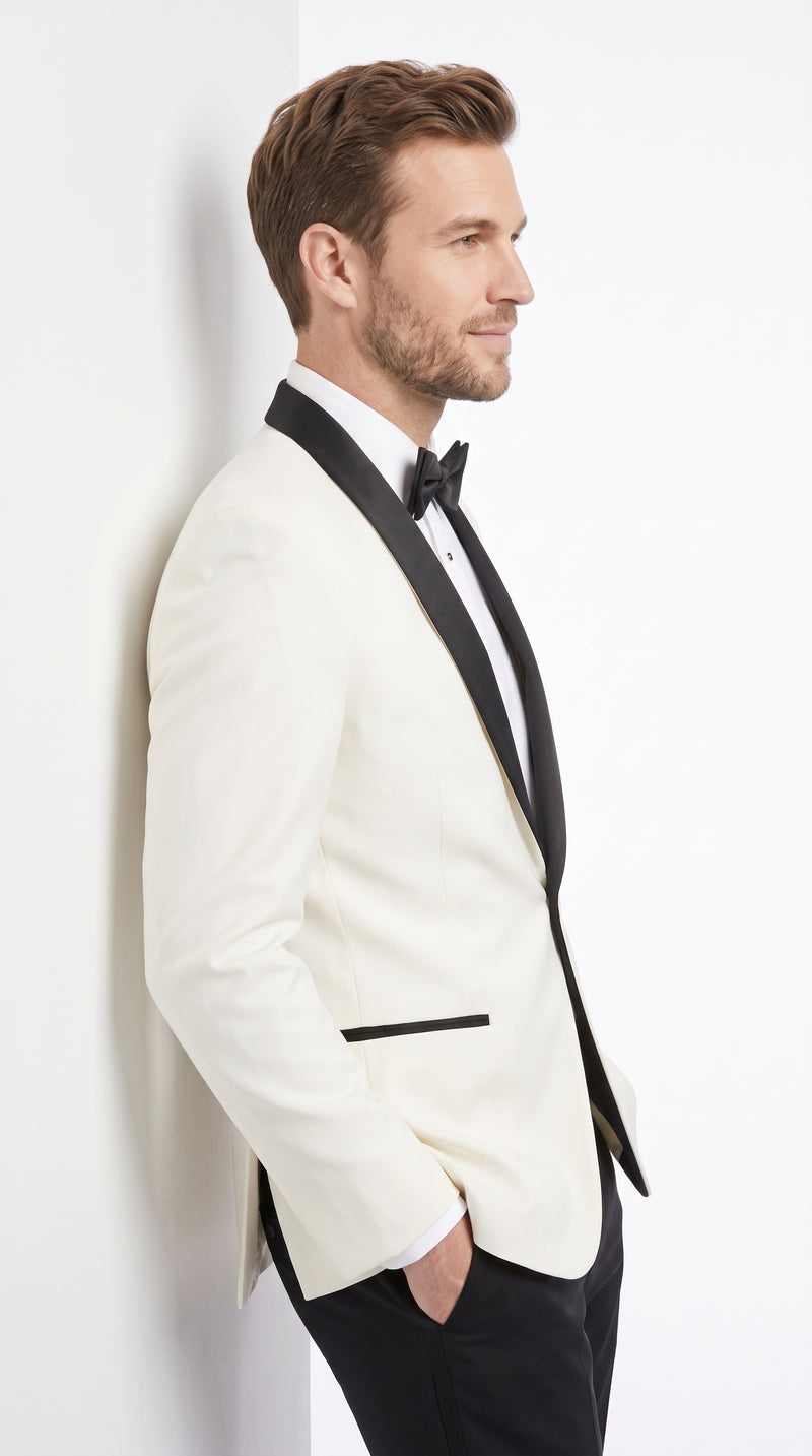 Men’s Designer Ivory and Black Satin Shawl Dinner Jacket, Formal Tuxedo Evening Jacket