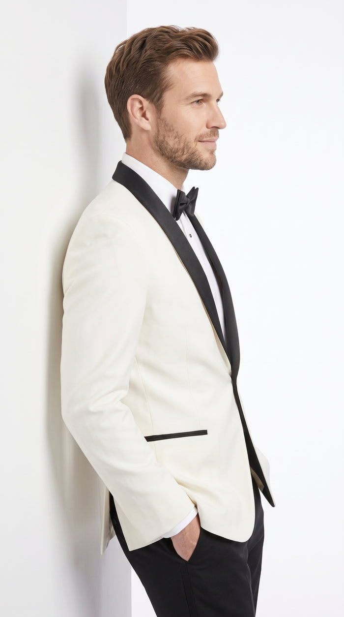 Men’s Designer Ivory and Black Satin Shawl Dinner Jacket, Formal Tuxedo Evening Jacket