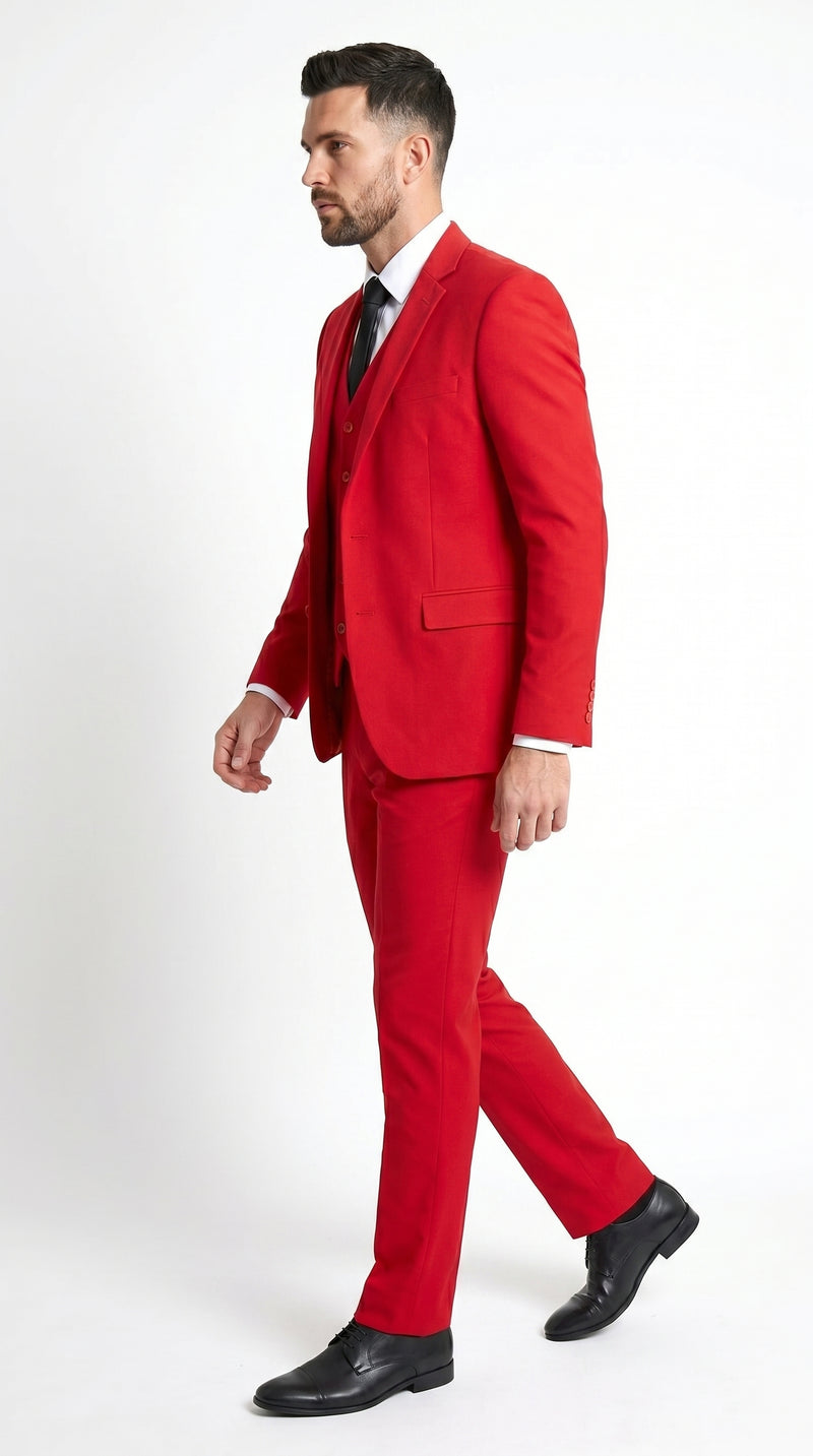 Men’s Red 3 Piece Suit with Jacket, Vest and Pants, Formal Wedding Prom Dress Suit