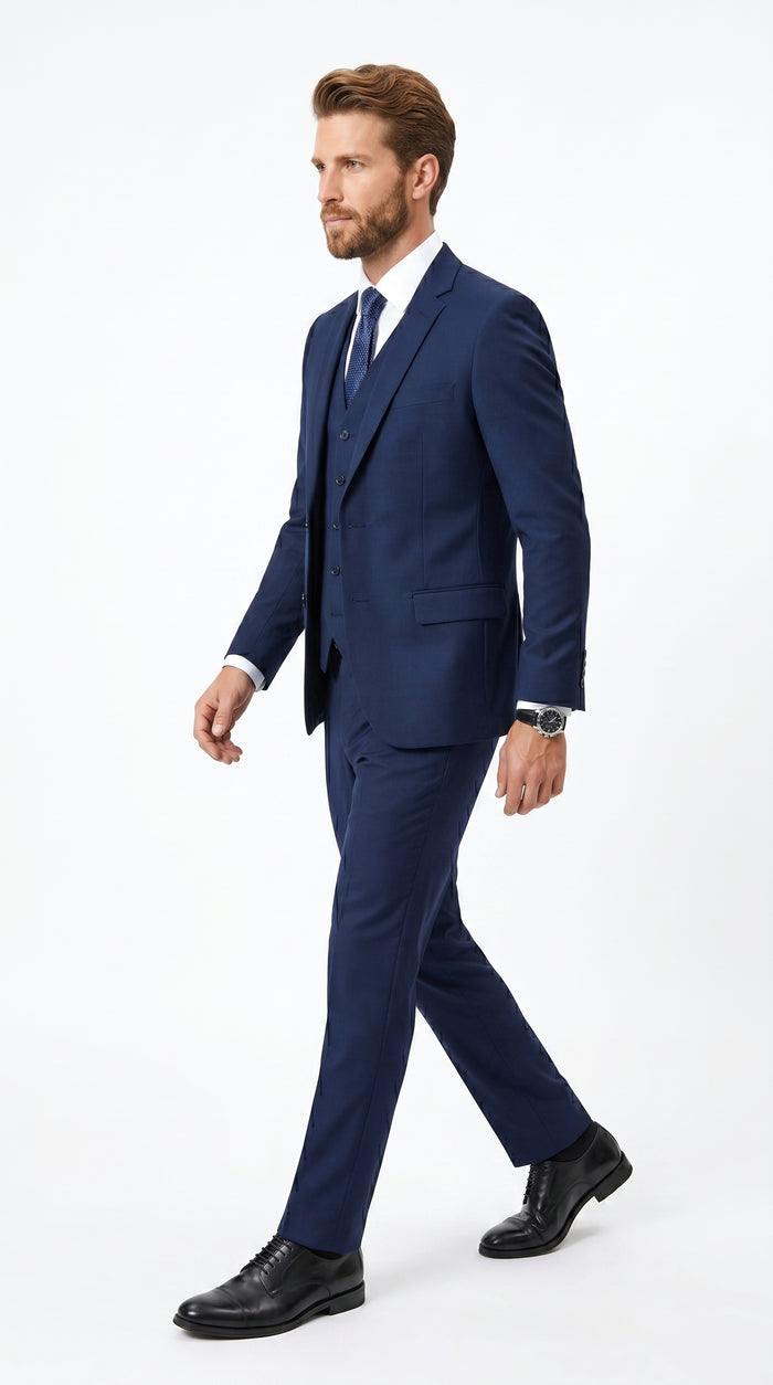 Men’s Navy 100% Wool Vested Tuxedo, Shawl Lapel Wedding Prom Formal Suit Set