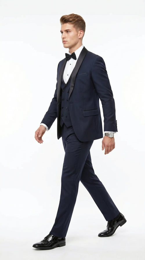 Men’s Navy 100% Wool Vested Tuxedo, Shawl Lapel Wedding Prom Formal Suit Set