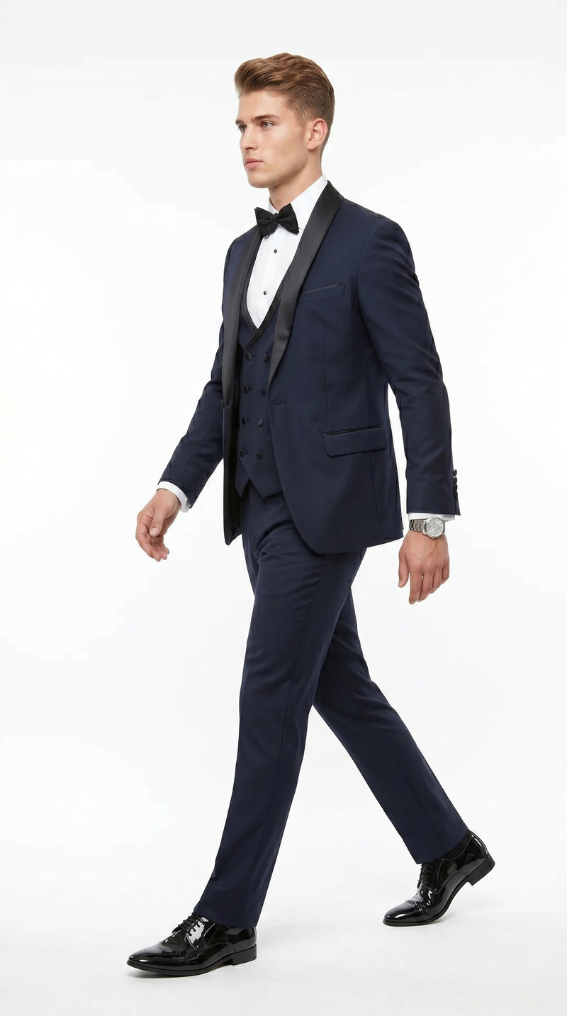 Men’s Navy 100% Wool Vested Tuxedo, Shawl Lapel Wedding Prom Formal Suit Set