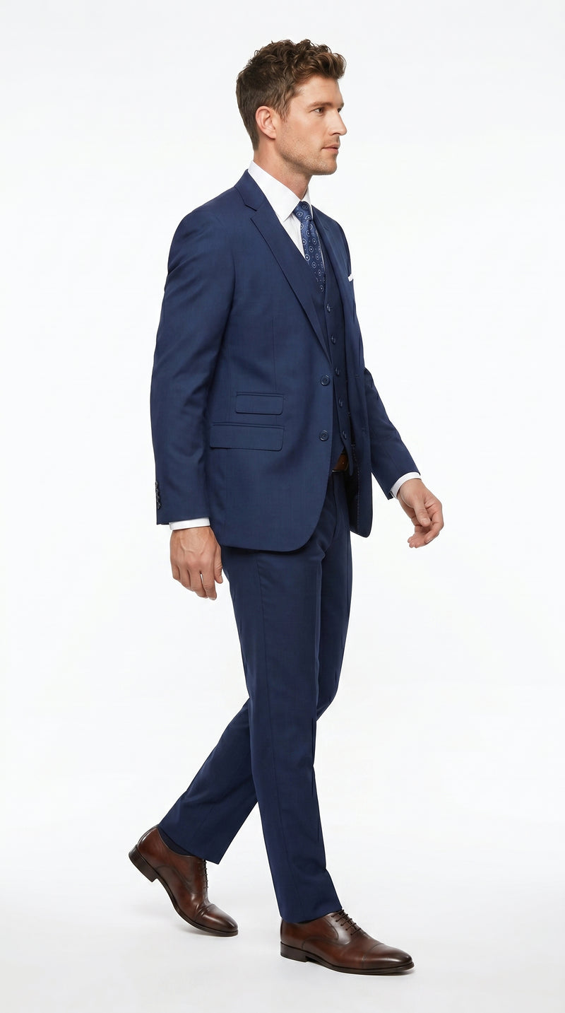 Statement Men’s Solid Sapphire 100% Wool Vested Suit, Formal Wedding Business 3 Piece Suit Set