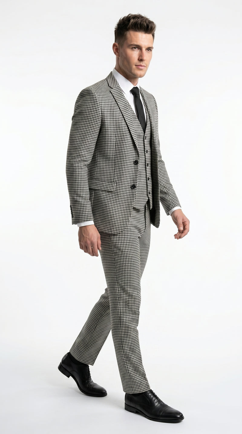 Men’s Black and White Houndstooth Checkered 3 Piece Suit, Gray Checkered Formal Wedding Business Suit Set