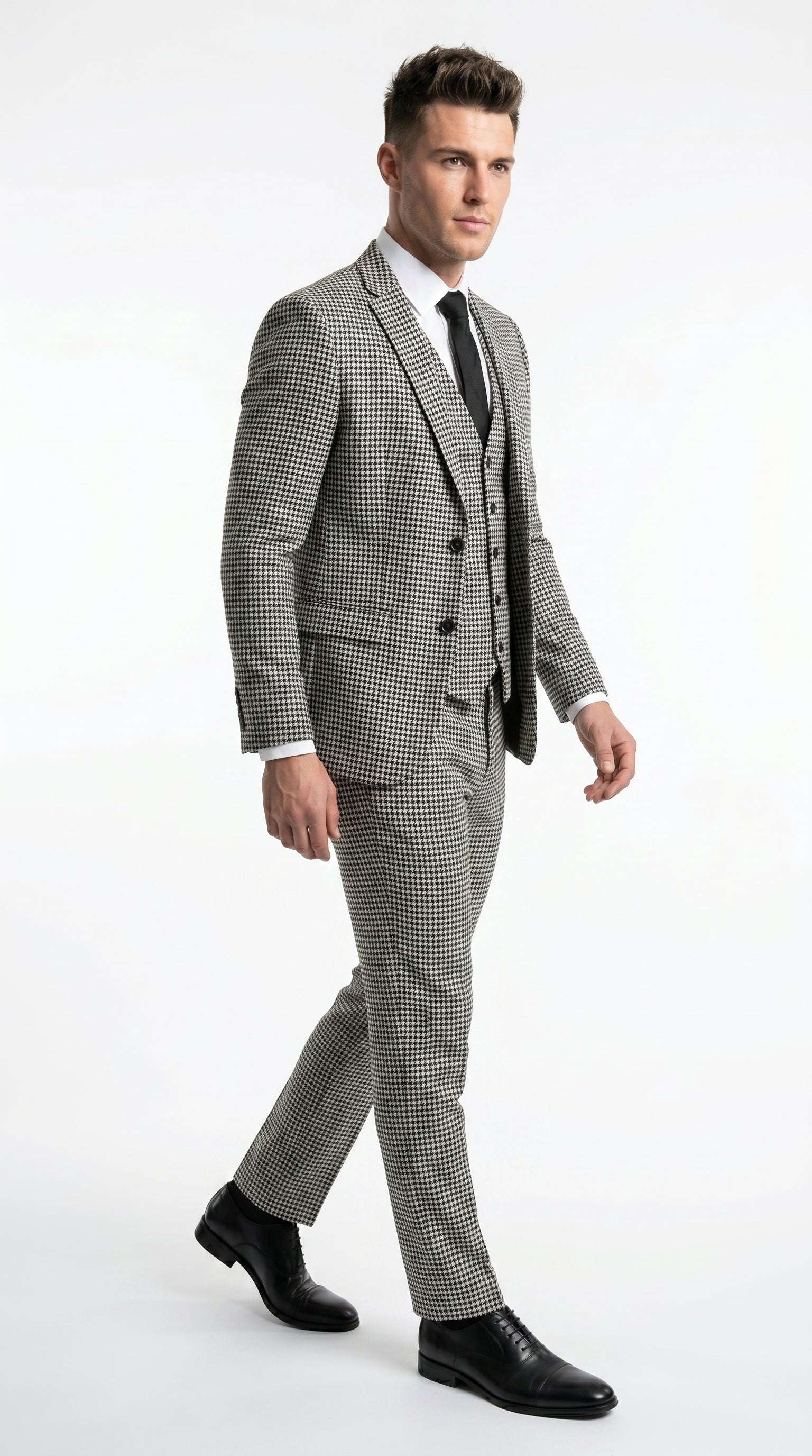 Men’s Black and White Houndstooth Checkered 3 Piece Suit, Gray Checkered Formal Wedding Business Suit Set