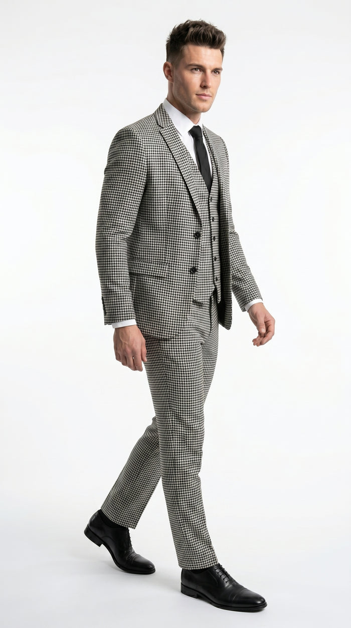 Men’s Black and White Houndstooth Checkered 3 Piece Suit, Gray Checkered Formal Wedding Business Suit Set
