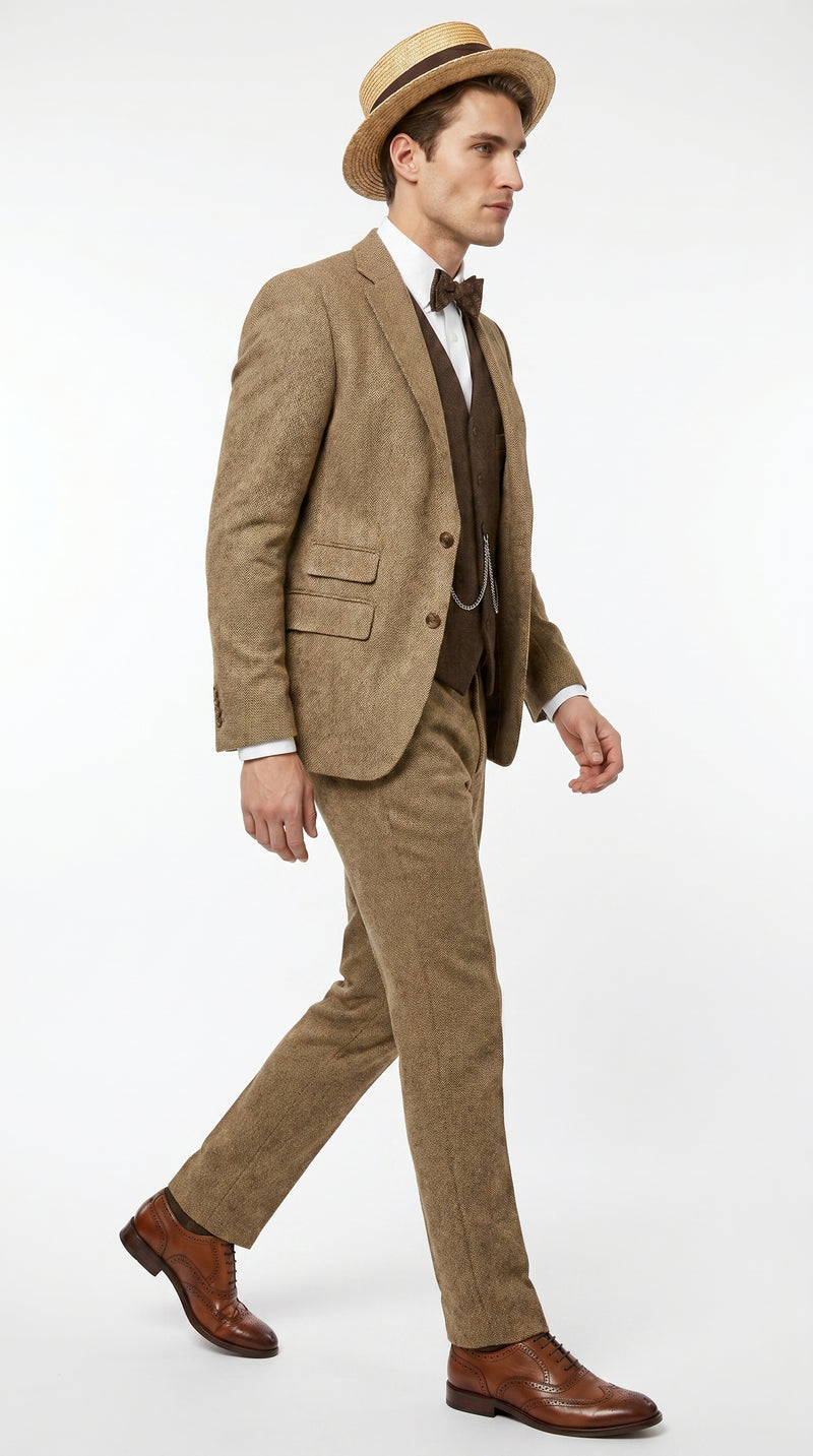 Men’s Camel Pocket Suit with Brown Vest, Vintage Inspired Formal Dress Outfit
